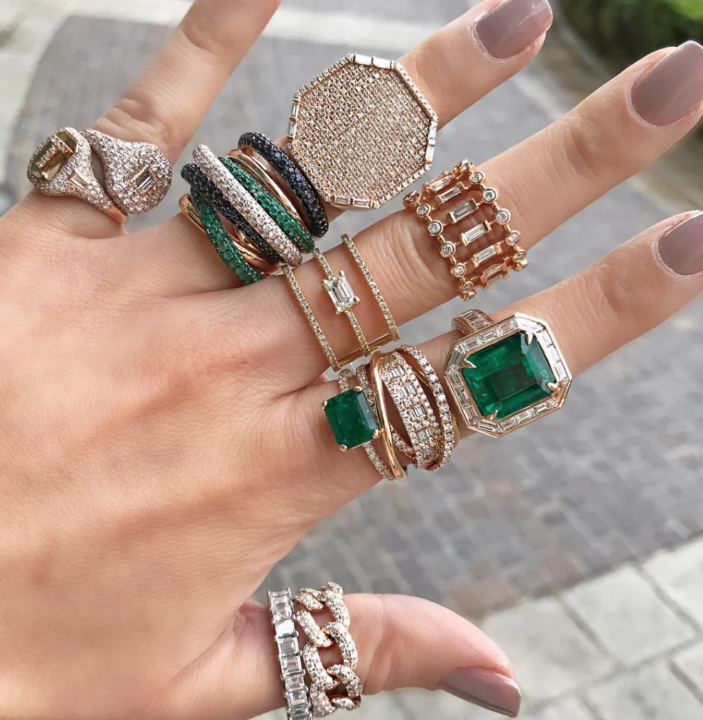 READY TO SHIP EMERALD BAGUETTE HALO COCKTAIL RING - Image 3