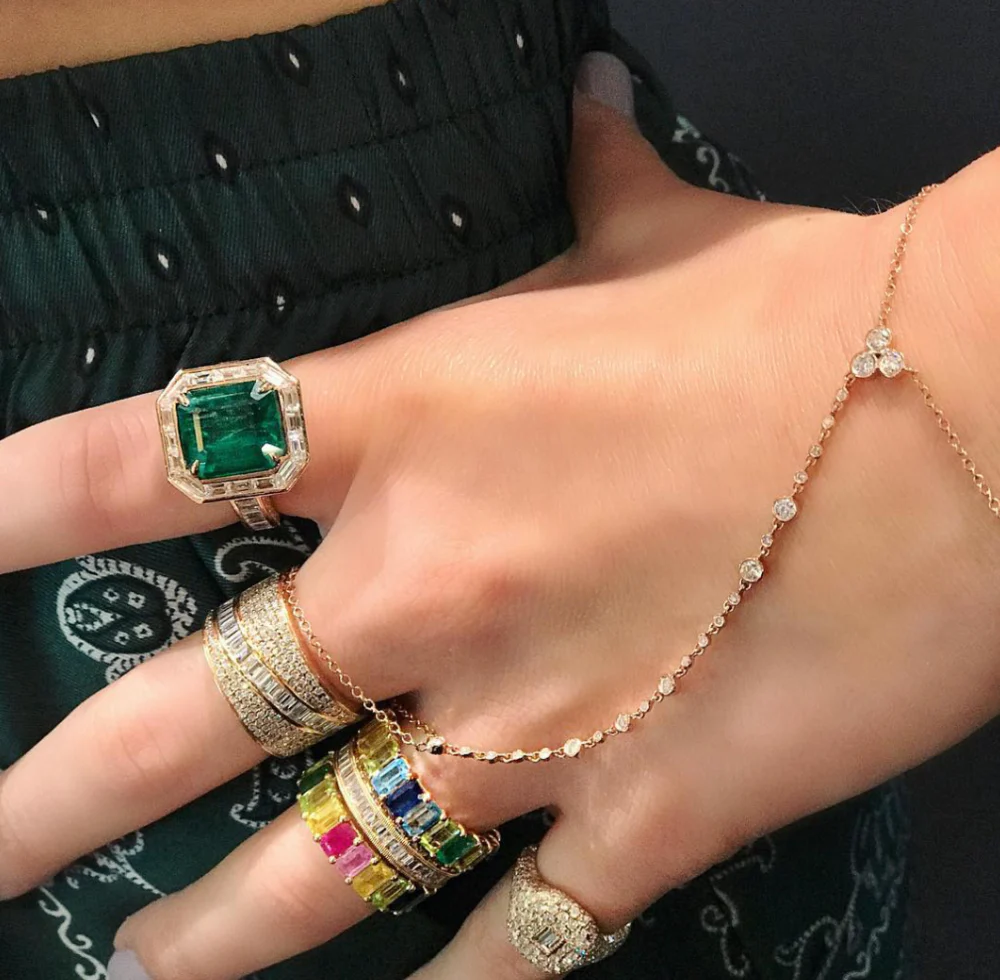 READY TO SHIP EMERALD BAGUETTE HALO COCKTAIL RING - Image 4