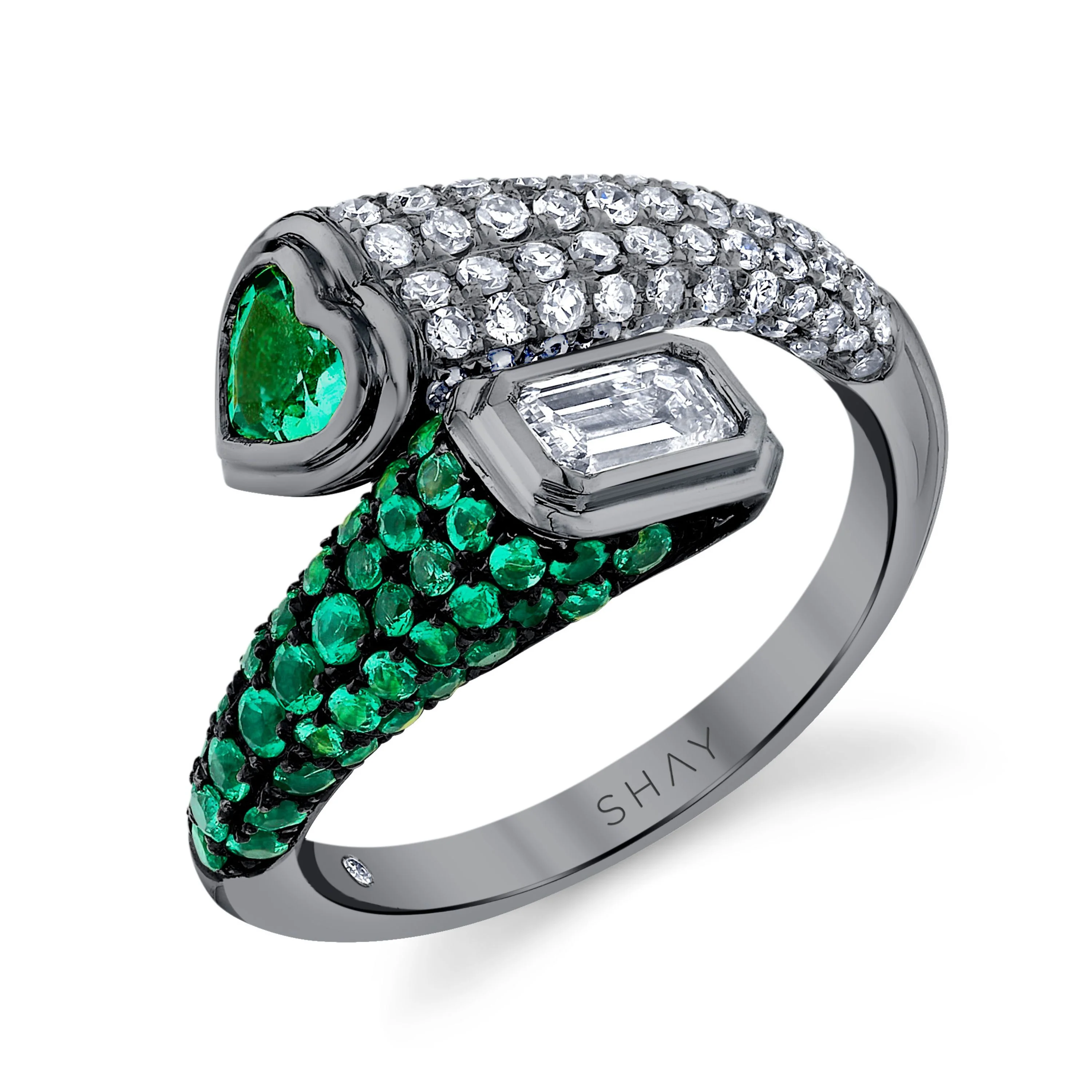 READY TO SHIP EMERALD & DIAMOND BYPASS PINKY RING - Image 4